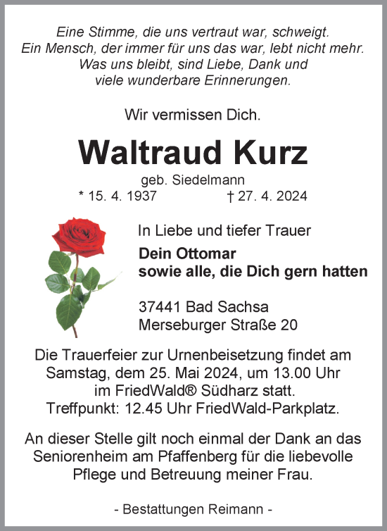 Traueranzeige von Waltraud Kurz von Harz Kurier