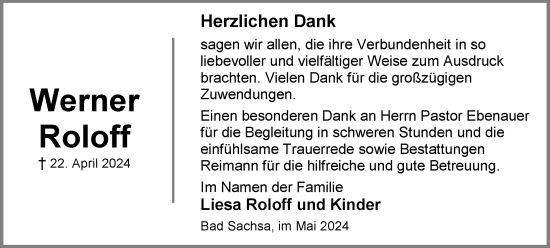 Traueranzeige von Werner Roloff von Harz Kurier