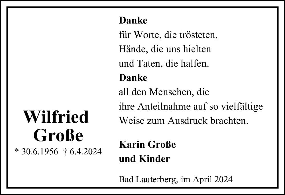 Traueranzeige für Wilfried Große vom 17.05.2024 aus Harz Kurier