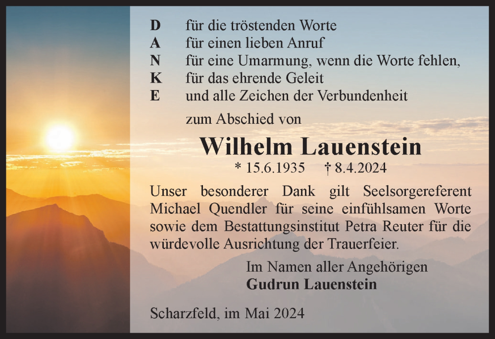  Traueranzeige für Wilhelm Lauenstein vom 25.05.2024 aus Harz Kurier