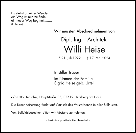 Traueranzeige von Willi Heise von Harz Kurier
