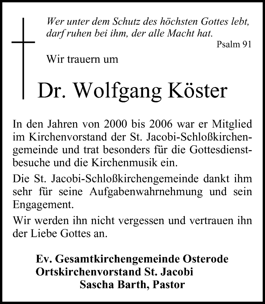  Traueranzeige für Wolfgang Köster vom 18.05.2024 aus Harz Kurier
