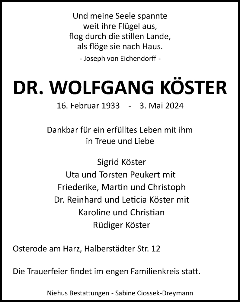  Traueranzeige für Wolfgang Köster vom 11.05.2024 aus Harz Kurier