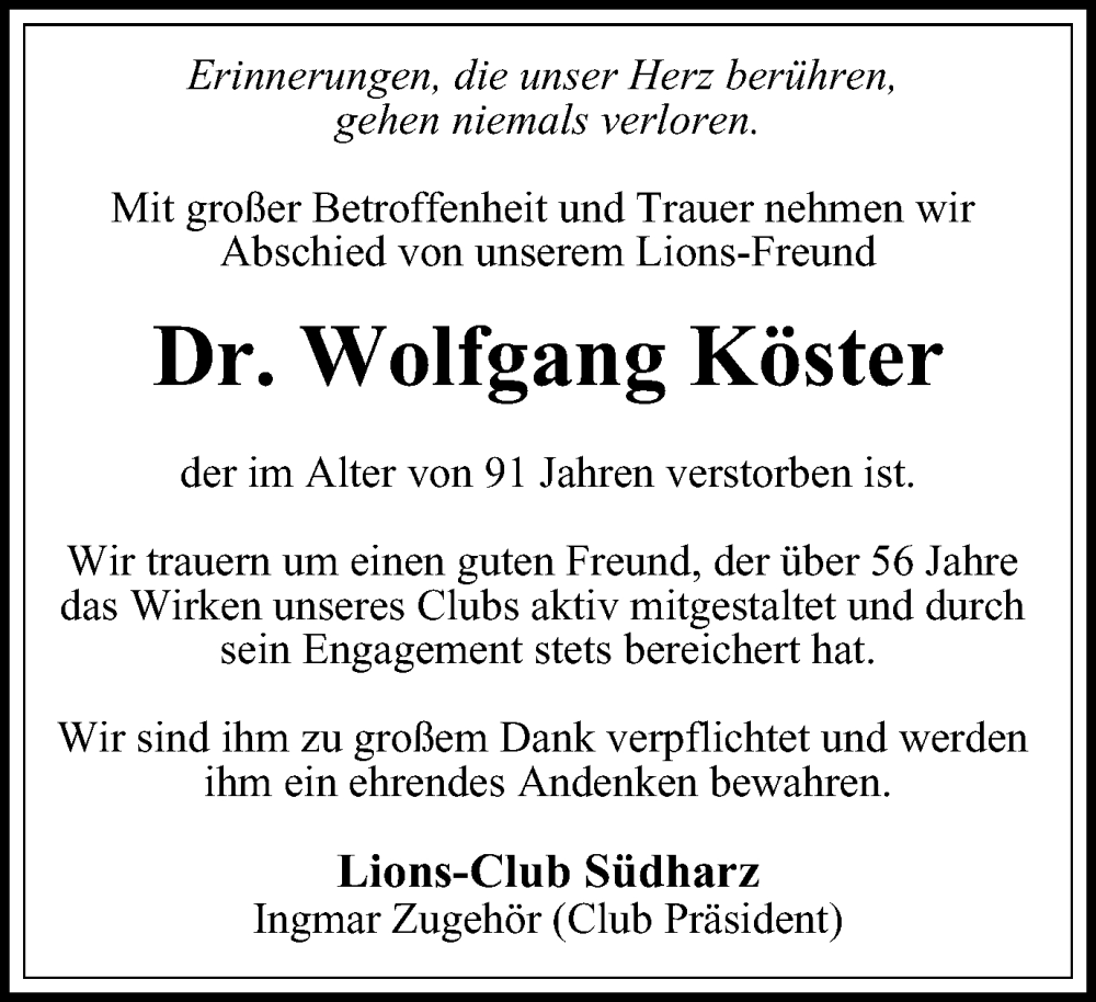  Traueranzeige für Wolfgang Köster vom 25.05.2024 aus Harz Kurier