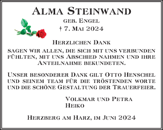 Traueranzeige von Alma Steinwand von Harz Kurier