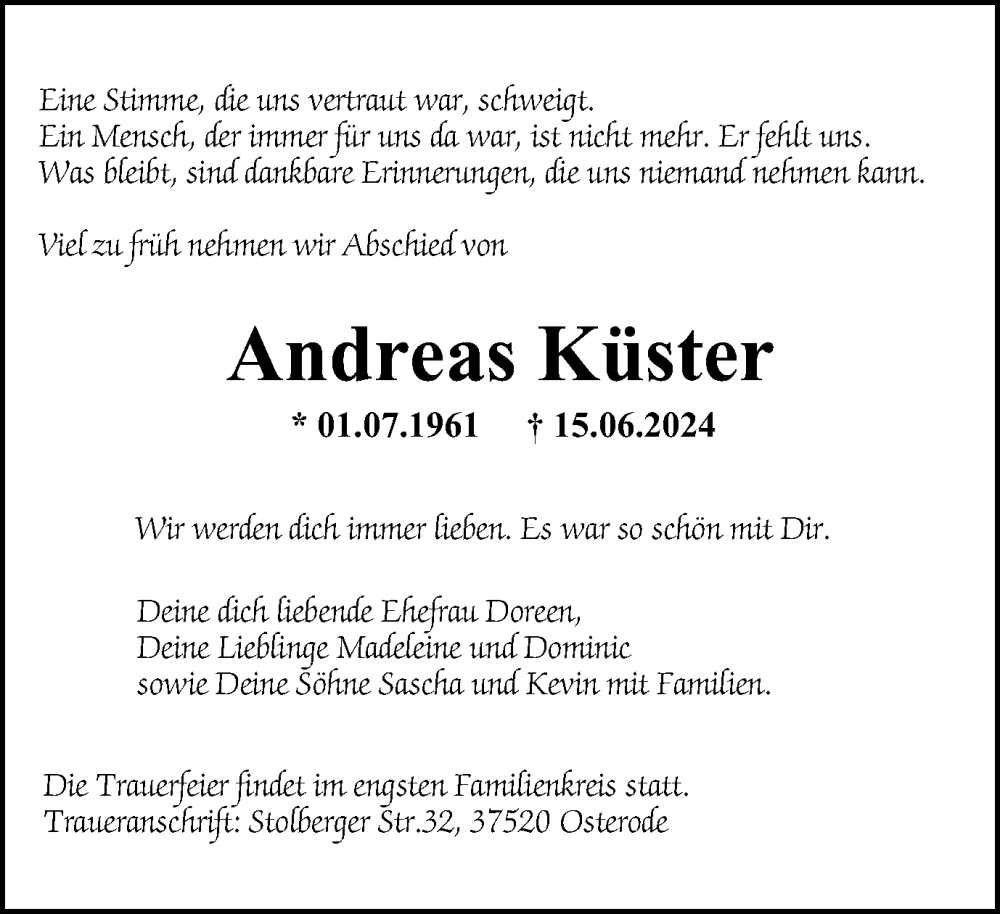  Traueranzeige für Andreas Küster vom 19.06.2024 aus Harz Kurier
