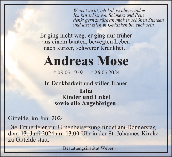 Traueranzeige von Andreas Mose von Harz Kurier