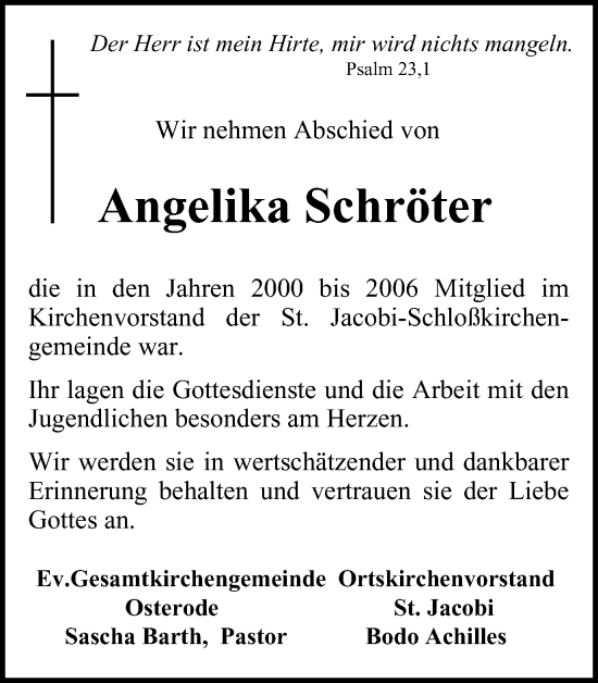 Traueranzeige von Angelika Schröter von Harz Kurier