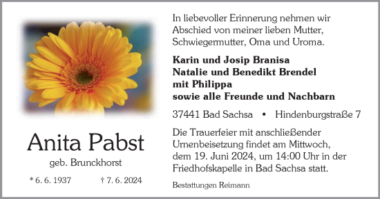 Traueranzeige von Anita Pabst von Harz Kurier