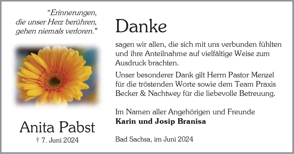 Traueranzeige für Anita Pabst vom 29.06.2024 aus Harz Kurier