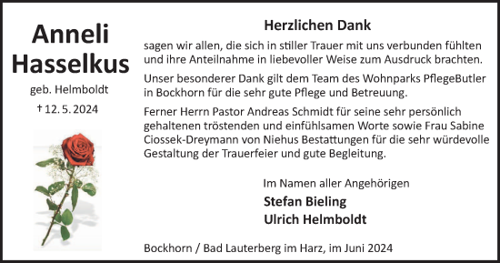 Traueranzeige von Anneli Hasselkus von Harz Kurier