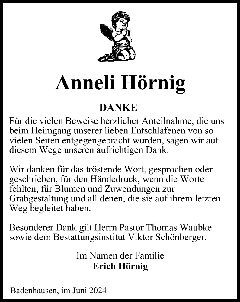  Traueranzeige für Anneli Hörnig vom 08.06.2024 aus Harz Kurier