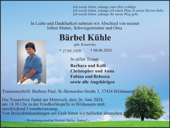 Traueranzeige von Bärbel Kühle von Harz Kurier