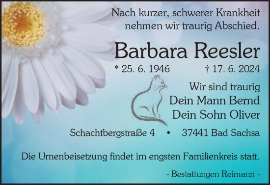 Traueranzeige von Barbara Reesler von Harz Kurier