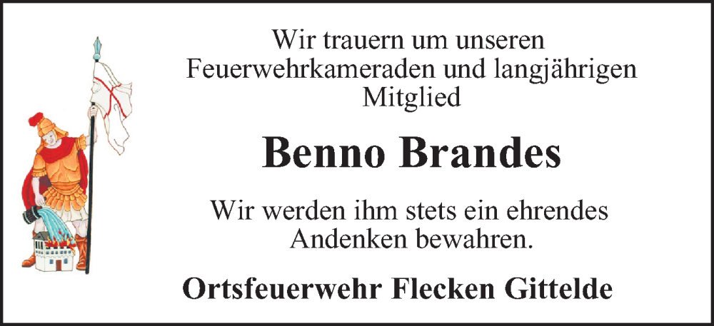  Traueranzeige für Benno Brandes vom 15.06.2024 aus Harz Kurier