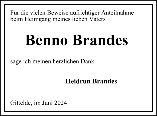 Traueranzeige von Benno Brandes von Harz Kurier