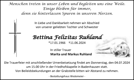 Traueranzeige von Bettina Felizitas Ruhland von Harz Kurier