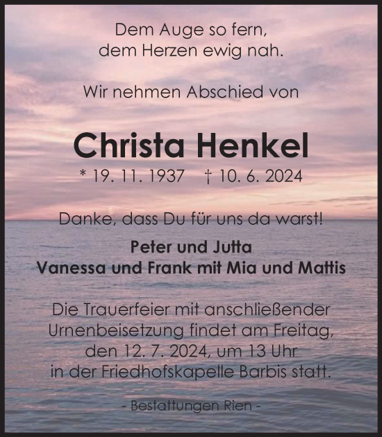 Traueranzeige von Christa Henkel von Harz Kurier