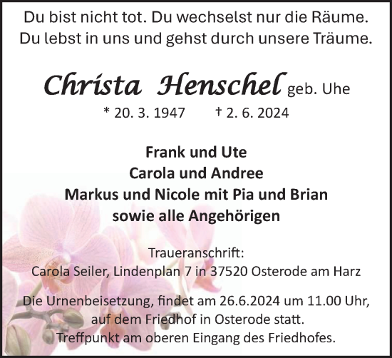 Traueranzeige von Christa Henschel von Harz Kurier