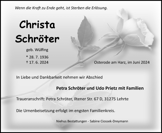 Traueranzeige von Christa Schröter von Harz Kurier