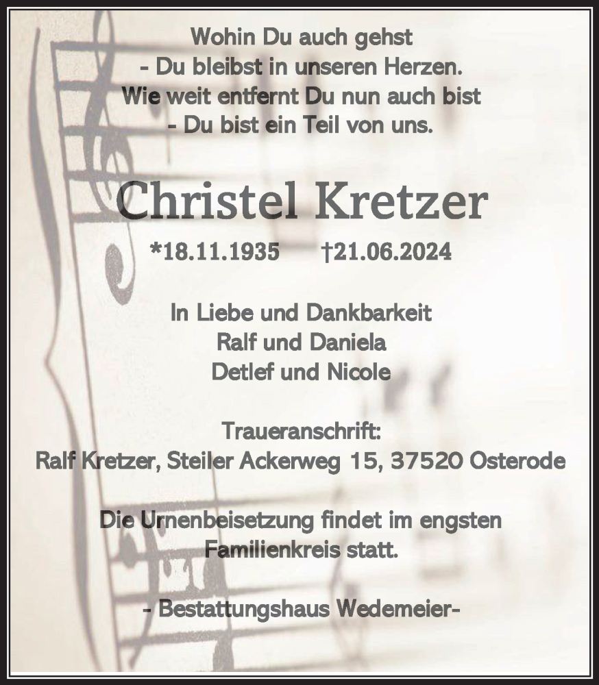  Traueranzeige für Christel Kretzer vom 29.06.2024 aus Harz Kurier