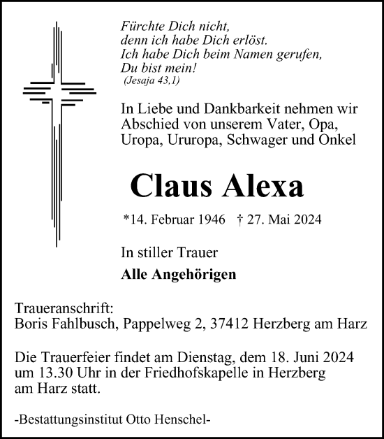Traueranzeige von Claus Alexa von Harz Kurier