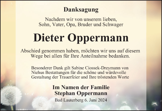 Traueranzeige von Dieter Oppermann von Harz Kurier