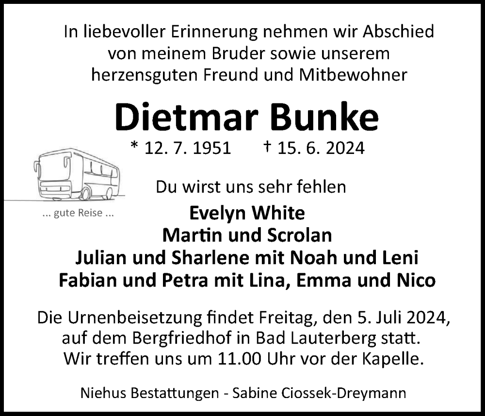  Traueranzeige für Dietmar Bunke vom 29.06.2024 aus Harz Kurier