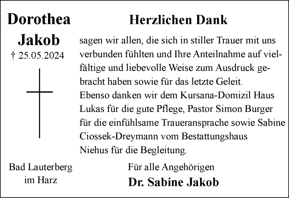  Traueranzeige für Dorothea Jakob vom 29.06.2024 aus Harz Kurier