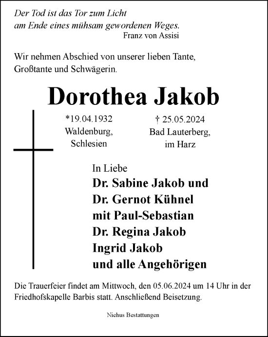 Traueranzeige von Dorothea Jakob von Harz Kurier