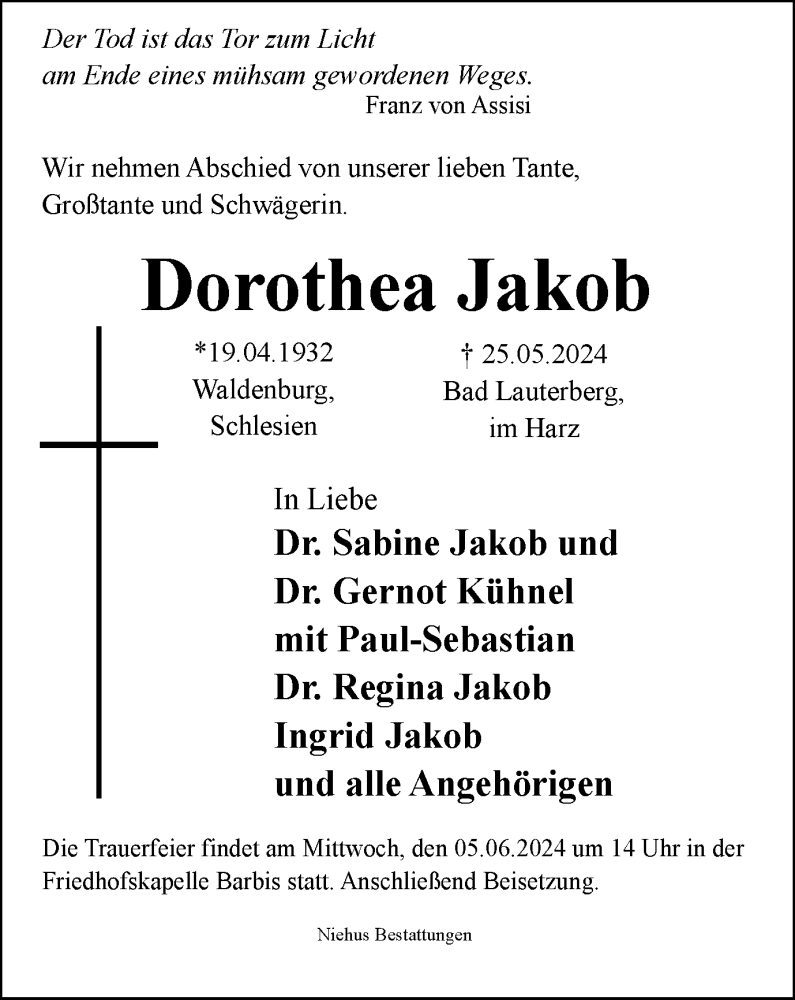  Traueranzeige für Dorothea Jakob vom 01.06.2024 aus Harz Kurier