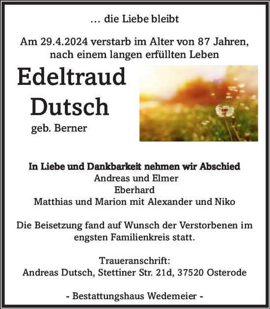 Traueranzeige von Edeltraud Dutsch von Harz Kurier