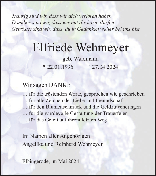 Traueranzeige von Elfriede Wehmeyer von Harz Kurier