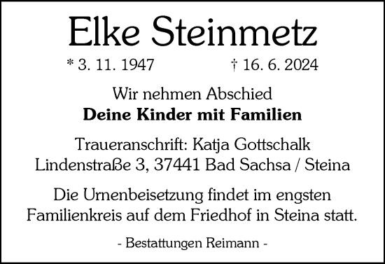 Traueranzeige von Elke Steinmetz von Harz Kurier