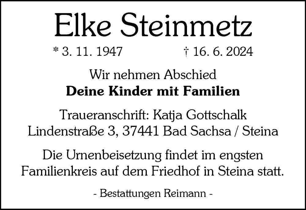  Traueranzeige für Elke Steinmetz vom 22.06.2024 aus Harz Kurier