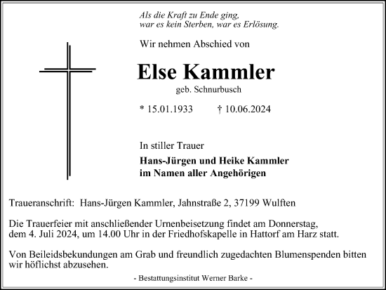 Traueranzeige von Else Kammler von Harz Kurier