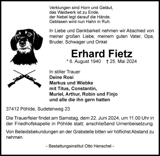 Traueranzeige von Erhard Fietz von Harz Kurier