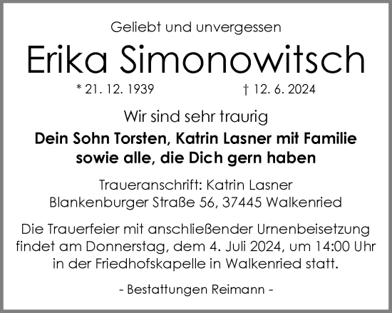 Traueranzeige von Erika Simonowitsch von Harz Kurier