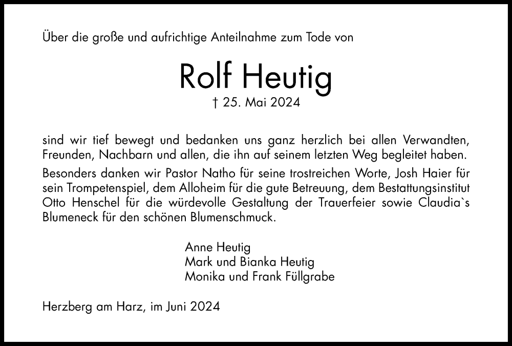  Traueranzeige für Rolf Heutig vom 15.06.2024 aus Harzkurier