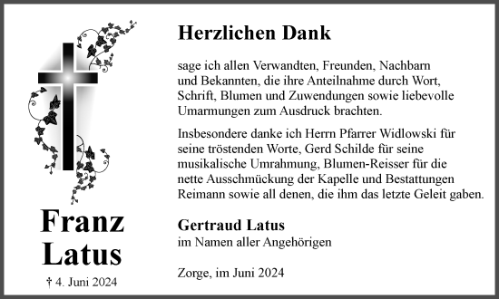 Traueranzeige von Franz Latus von Harz Kurier