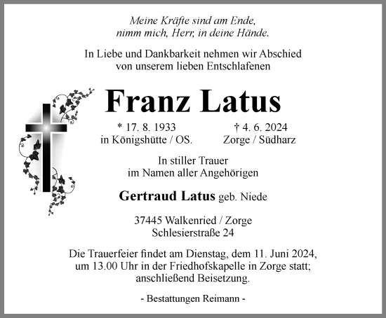 Traueranzeige von Franz Latus von Harz Kurier