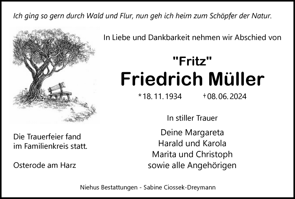  Traueranzeige für Friedrich Müller vom 15.06.2024 aus Harz Kurier