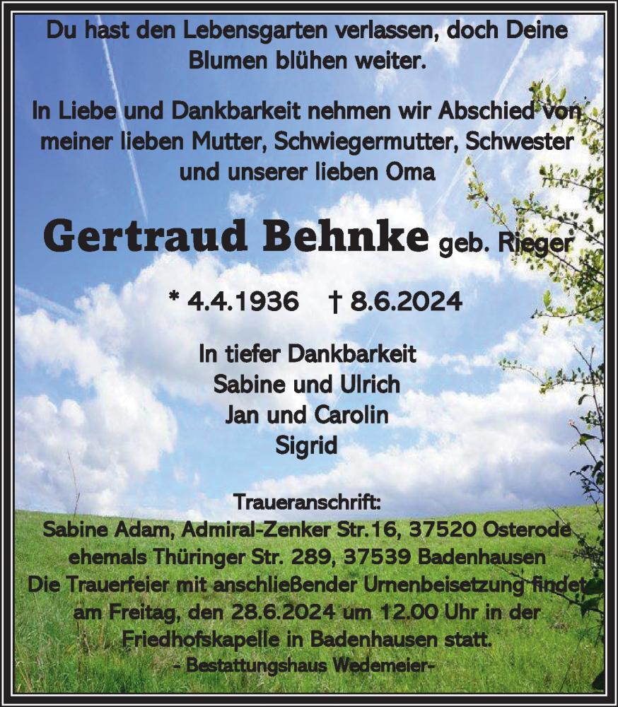  Traueranzeige für Gertraud Behnke vom 22.06.2024 aus Harz Kurier