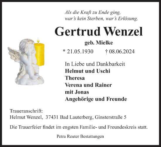 Traueranzeige von Gertrud Wenzel von Harz Kurier