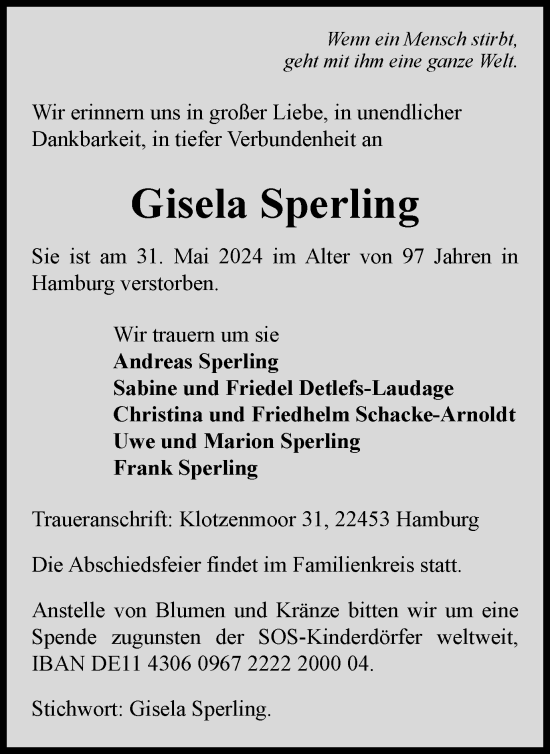 Traueranzeige von Gisela Sperling von Harz Kurier