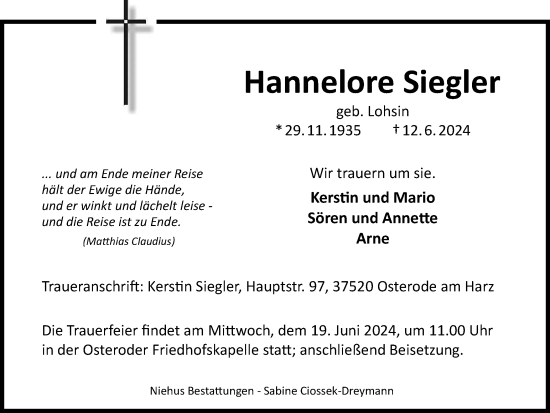 Traueranzeige von Hannelore Siegler von Harz Kurier