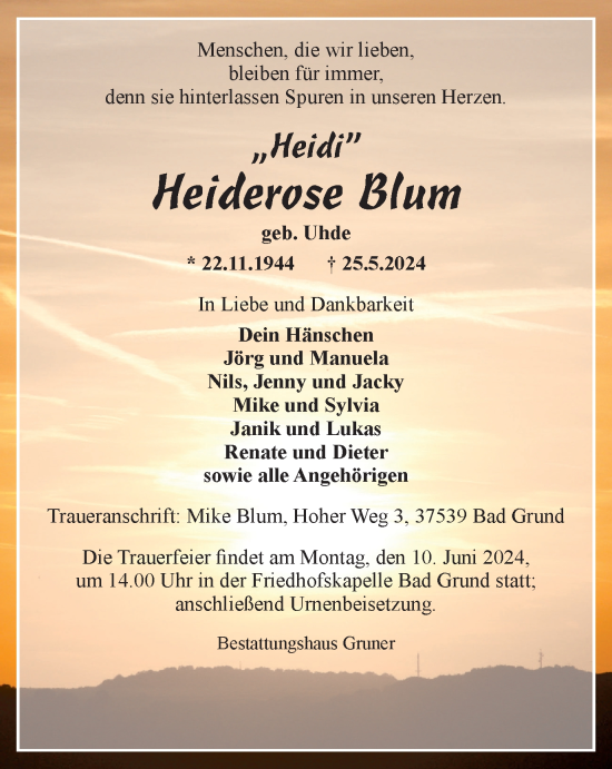 Traueranzeige von Heiderose Blum von Harz Kurier