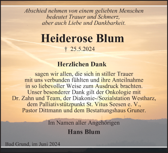 Traueranzeige von Heiderose Blum von Harz Kurier