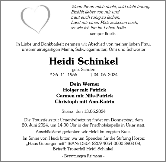 Traueranzeige von Heidi Schinkel von Harz Kurier