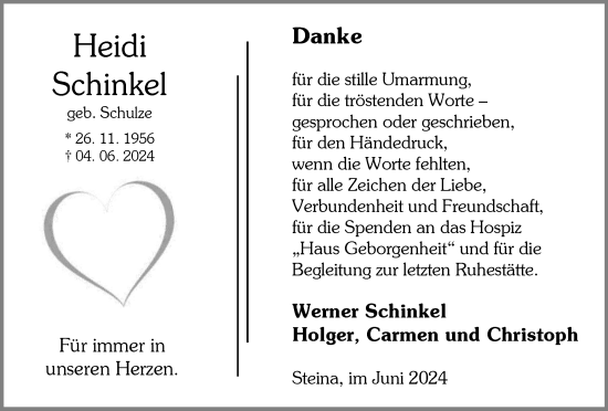 Traueranzeige von Heidi Schinkel von Harz Kurier